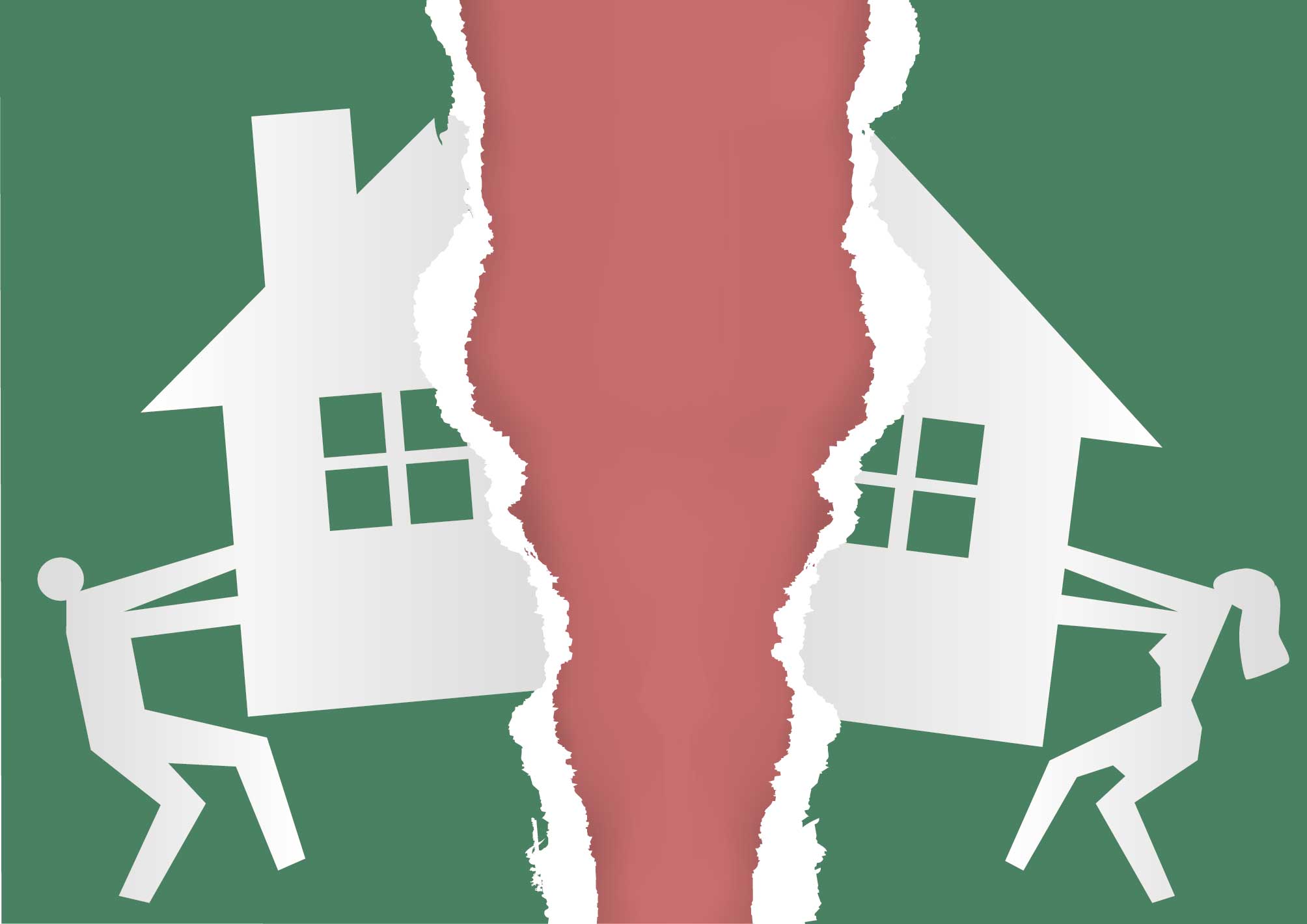 haus in der Scheidung zerrissen auf Papier und beide Partner ziehen daran